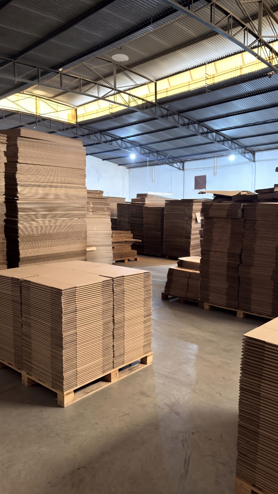 Galpão da Multi Caixas com pilhas organizadas de caixas de papelão ondulado em produção